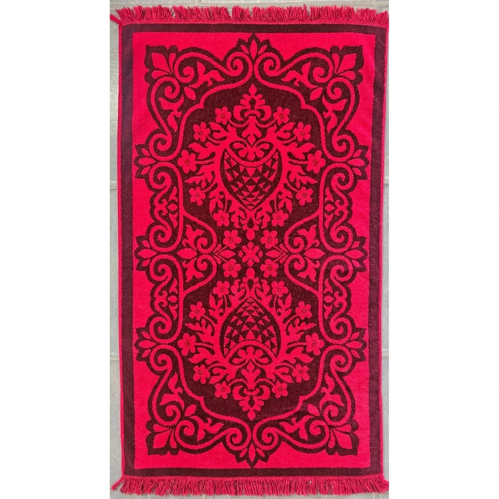 Vintage Fieldcrest Red Burgundy Damask Floral Cotton Fringed Bath Towel USA Made